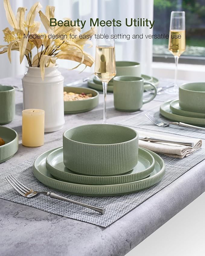 Famiware Star Dinnerware Set, Plates and Bowls Sets for 4 (12pcs), Ribbed Stoneware Dishes - Chip & Scratch Resistant, Microwave & Dishwasher Safe, Matte Sage Green