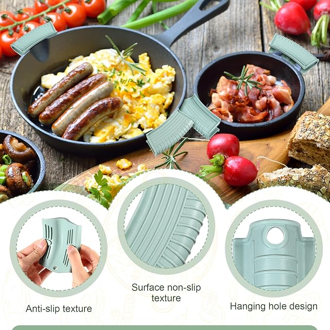 Patelai 4 Pcs Silicone Assist Hot Pan Handle Holder Pot Handle Covers for Cast Iron Skillets Holder Sleeve Nonslip Heat Resistant Pan Cover for Enameled Griddles Casserole Frying Cookware(Mint Green)