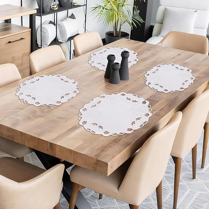 Decozen Set of 4 Doilies for Table, Lace Doilies - Rustic, Crochet, Farmhouse, Kitchen, Round Table Placemats - Valentines Day Decorations - 15 inch White, The Snow Blossom Collection
