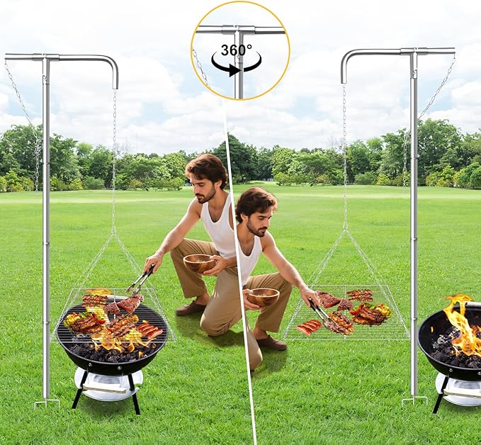 Tripod Campfire Grill with Adjustable Hanging Grate, 360° Rotating Fire Pit Grill System, Heavy Duty Stainless Steel Outdoor Cooking Stand for Camping & Backyard