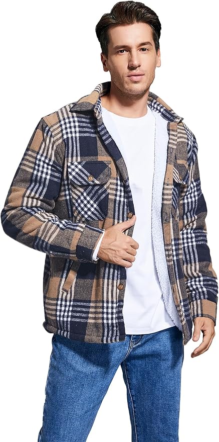 Men's Cotton Sherpa Lined Button Down Flannel Shirt Jacket Plaid Soft Outdoor Flannel Jacket Shirt