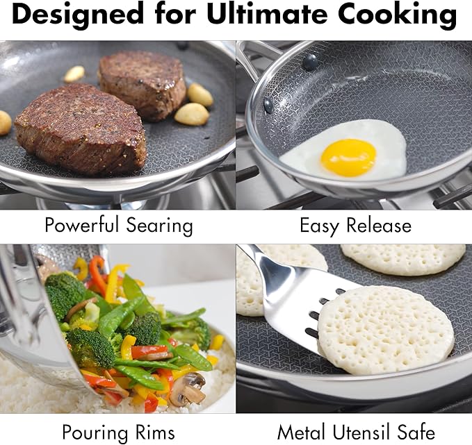 OXO Hybrid 10” Nonstick Stainless Steel Frying Pan, Durable PFAS-Free Ceramic Skillet, Stay-Cool Handle, Induction & All Cooktop Compatible, Dishwasher Safe, Mirror Polished Tri-Ply