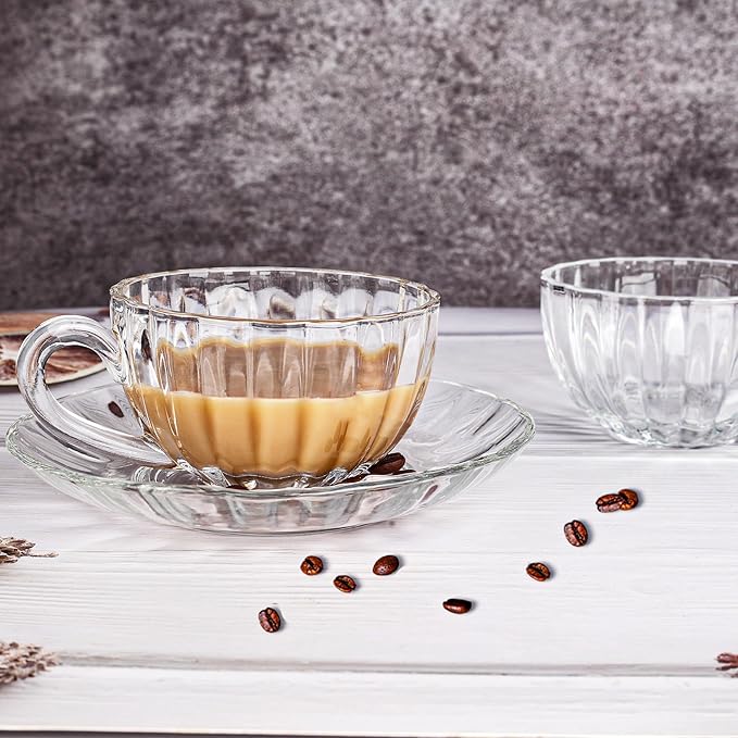 Glass Tea Cups and Saucers Set of 6 - Small Glass Coffee Mugs - Pumpkin Teacups for Espresso Cappuccino Latte Tea - Halloween Thanksgiving Decor Gift (5.4 OZ / 161 ML)