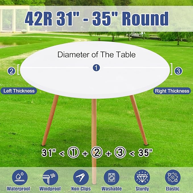 Round Spandex Tablecloth, Elastic Fitted Waterproof Tablecloths for 31"-35" Tables, Stretch Washable Picnic Table Cover for Camping, Dining, Indoor and Outdoor, White