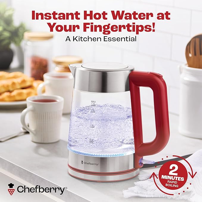 Electric Kettle for Boiling Hot Tea & Water | 1.7L Stainless Steel Borosilicate Glass Boiler With No Plastic, Automatic Shutoff, BPA Free, Fast Heating Technology (Red)