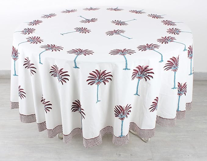 Ridhi Block Print Round Red Palm Reusable Tablecloth 100% Cotton 60" Inch Decorative Table Cover eveyday Dining, Home, Party, Wedding, Farmhouse Gift for Spring, Easter, Valentine
