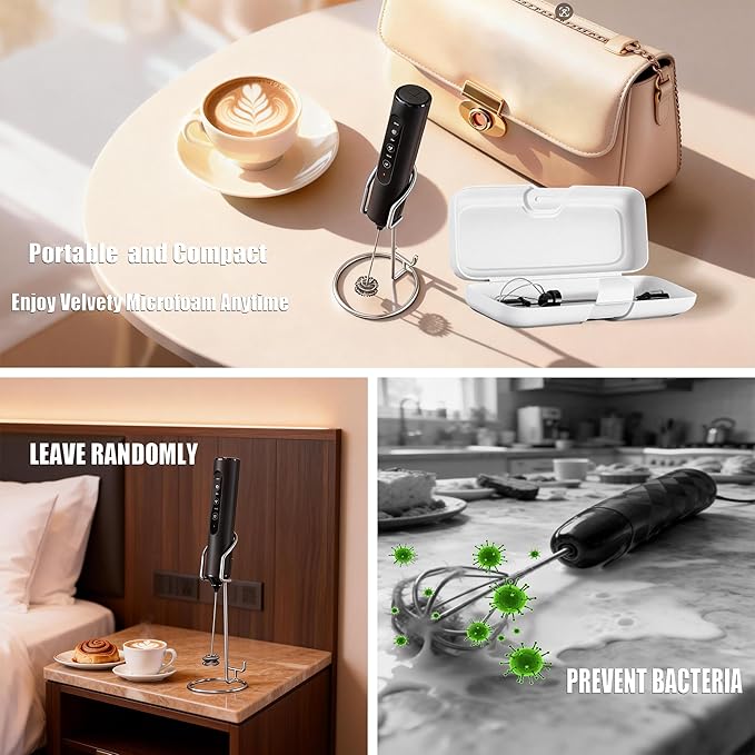 3 Speeds,Milk Frother With Storage Box & Stand,Handheld Electric Hand Mixer with 3 Detachable Whisks, Storage Case & Base, Rechargeable Frother Wand for Coffee, Creamer, Matcha, Heavy Whipping Cream