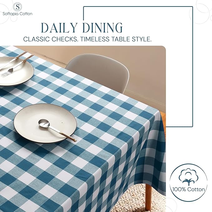 Teal Green Buffalo Check Tablecloth, 60x102 Inches, Plaid Dining Table Cover, 100% Cotton, Washable, Reusable Farmhouse Table Linen for Holidays, Wedding, Everyday Dining Cover