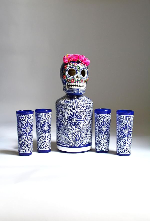 Tequila Decanter Set, Liquor Decanter with Shot Glasses and Mexican Sombrero, Hand-painted Decanter, Skull Decanter, Bar Decoration, Unique Tequila Gift, Gift For Dad (Blue Catrina Set)