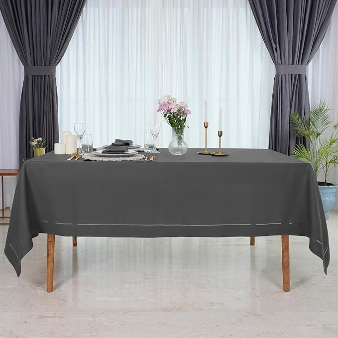 D'Moksha Homes Charcoal Grey Linen Tablecloth for Rectangle Tables 60 x 102 Inch - Classic Hemstitch 100% Pure Linen Grey Table Cloth - Machine Washable Dining Tablecloth for Spring, Easter