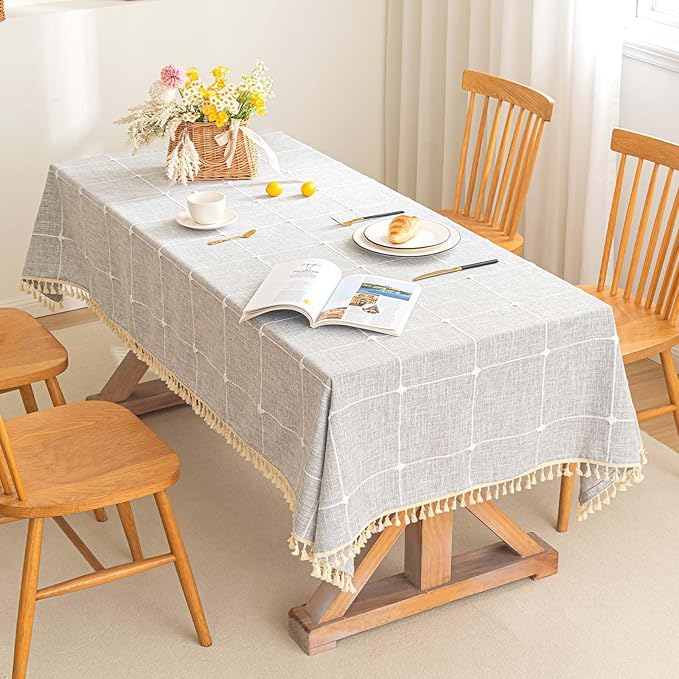 SIELUNO Farmhouse Tablecloth Cotton Linen Waterproof Burlap Table Cloth Rectangle Table Cloths for Kitchen Dinning Tabletop Decoration-Grey Plaid-Rectangle, 55''x 86'', 6-8 Seats