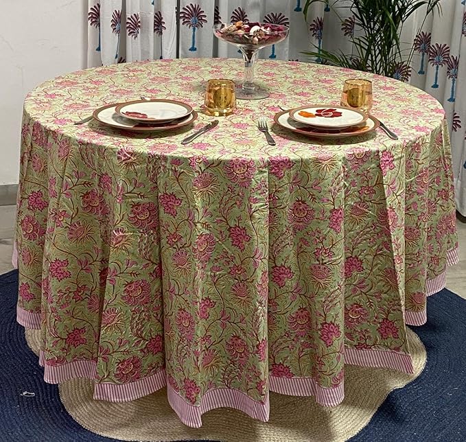 Ridhi Block Print Round Pistachio Green Reusable Tablecloth 100% Cotton 60" Inch Decorative Table Cover eveyday Dining, Home, Party, Wedding, Farmhouse Gift for Spring, Easter, Valentine