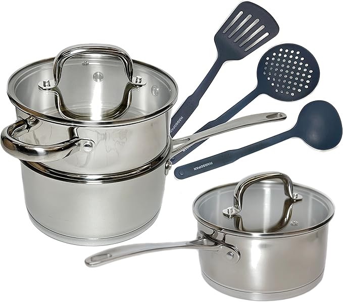 Stainless Steel Saucepans Nylon Tools 8 pcs set Glass Lid Induction Impact Bonded Right Angles