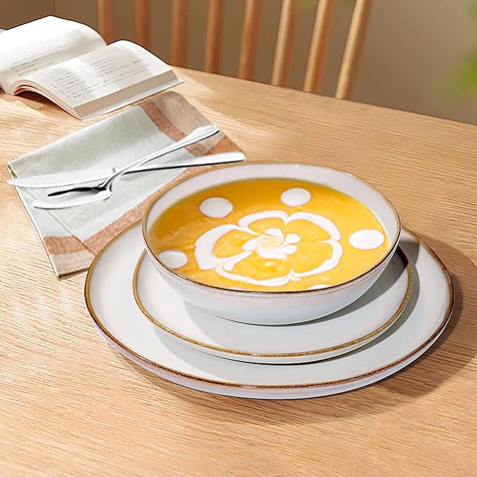 Herogo Stoneware Dinnerware Sets, 12 Piece Dinner Dishes Set for 4, Ceramic Plates and Bowls Dishware, Tableware Includes Dinner Salad Plates, Soup Bowls, Microwave & Dishwasher Safe, Pearl White