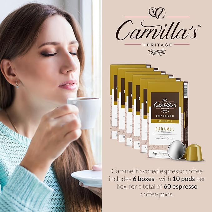 Camilla’s Heritage - Intensity 8 Caramel Flavored Espresso Coffee, Gourmet Espresso Cups, 60 Coffee Pods