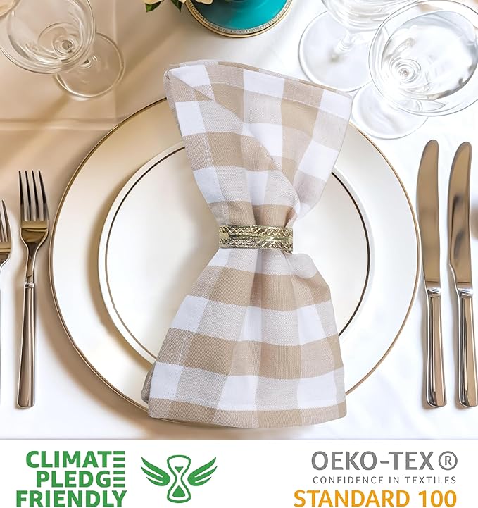 Urban Villa Cotton Dinner Napkins Set of 6, Highly Absorbent 20x20 Inches Premium Cloth Napkins Hotel Quality Reusable & Washable Table Dinner Napkins for Home & Weddings - Taupe/White, Checks