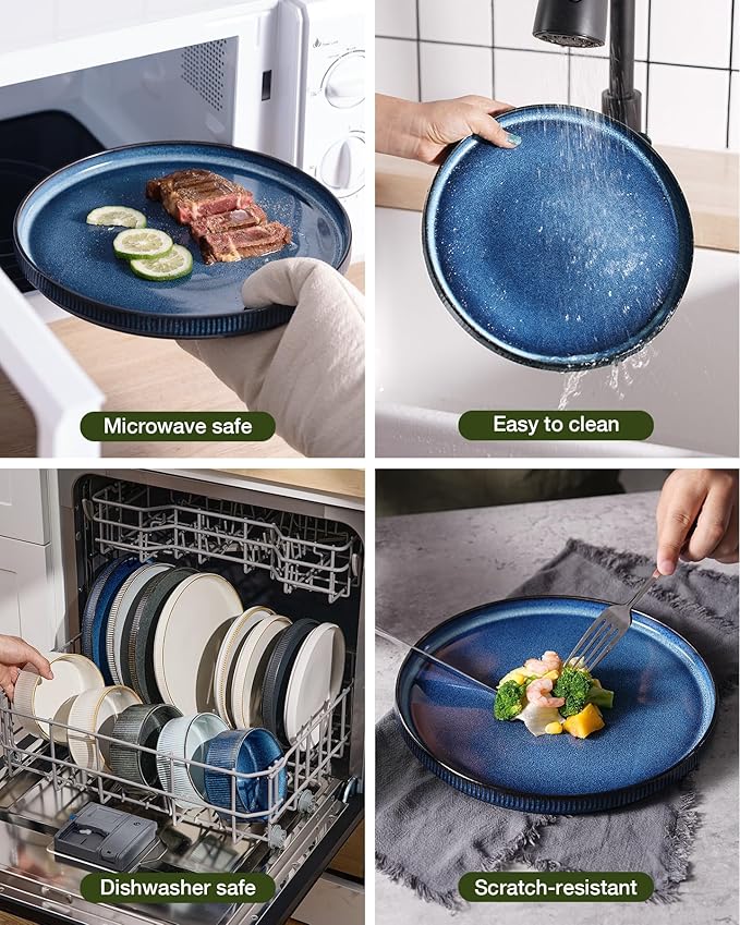 Famiware Star Dinnerware Set, Plates and Bowls Sets for 8 (24pcs), Ribbed Stoneware Dishes - Chip & Scratch Resistant, Microwave & Dishwasher Safe, Multicolor - Cappuccino White & Nebulas Blue