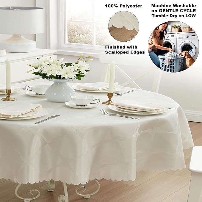 Newbridge Ribbons and Bows Damask Spring & Easter Holiday Fabric Tablecloth, Ivory, 60 x 84 Inch Oval, Wrinkle & Stain Resistant Table Cover