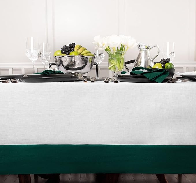 Solino Home Linen Tablecloth for Rectangle Tables 60 x 120 Inch - 100% Pure Linen Rainforest and White Table Cloth - Contempo, Machine Washable Cloth Tablecloth for Winter, St Patricks Day