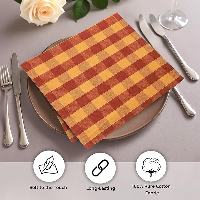 Urban Villa Cotton Dinner Napkins Set of 6, Highly Absorbent 20x20 Inches Premium Cloth Napkins Hotel Quality Reusable & Washable Table Dinner Napkins for Home & Weddings - Brick/Gold