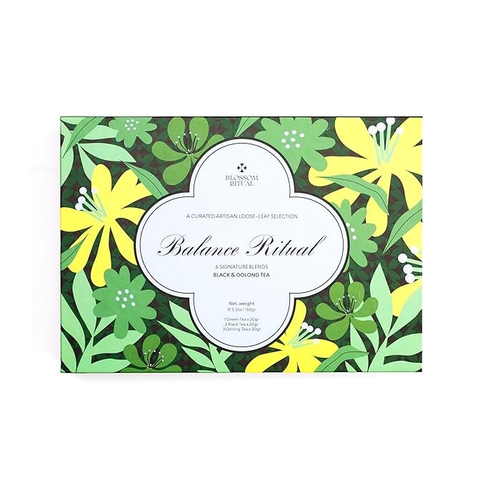 BLOSSOM RITUAL Balance Ritual Artisan Loose‑Leaf Tea Set – 6 Tin Gift Box – Oolong, Black & Green Tea – Mindful Wellness Sampler – Natural Infusion – 5.3oz
