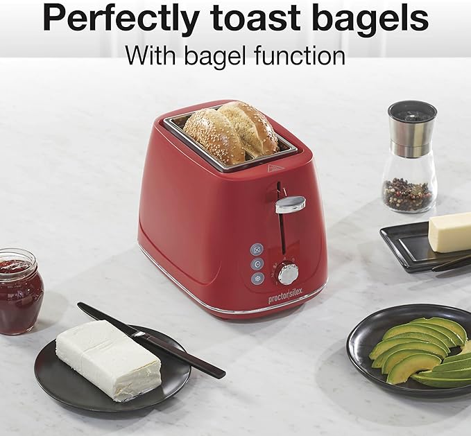 Proctor Silex Plastic 2 Slice Toaster, Bagel, Defrost & Cancel Buttons, Browning Control With 7 Shades, Auto Shutoff, Slide-Out Crumb Tray, Red (22661)