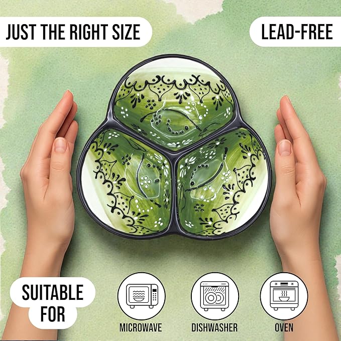 Ceramic Chip & Dip Bowl 7.5”, 3-Compartment Divided Serving Dish & Condiment Tray for Appetizers – Handmade in Spain, Lead-Free Glaze, Microwave, Oven & Dishwasher Safe