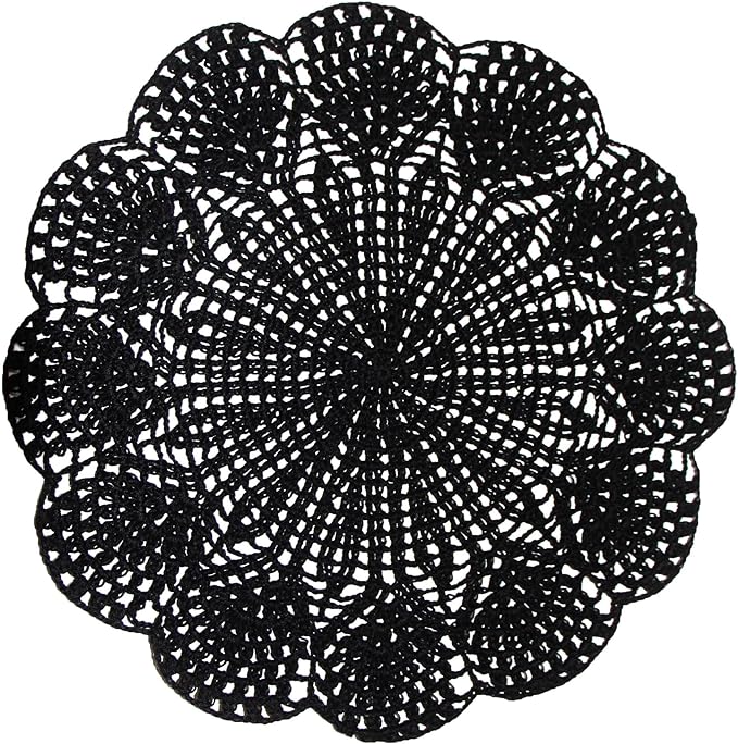 BIBITIME Round Flower Lace Doilies Vase Mats Kitchen Tablecloth Dish Plate Mat Handmade Crochet Table Doily Placemats (Black, 11.8 in to 13.8 in,1PC)