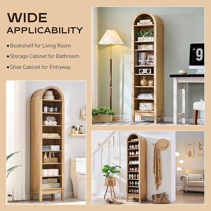 71" Tall Arched Bookshelf, 8 Tiers Arch Bookcase with Storage, Modern Farmhouse Book Shelf with Adjustable Shelves, Wood Bookshelf w/Open Display Shelves for Living Room, Office (Natural)