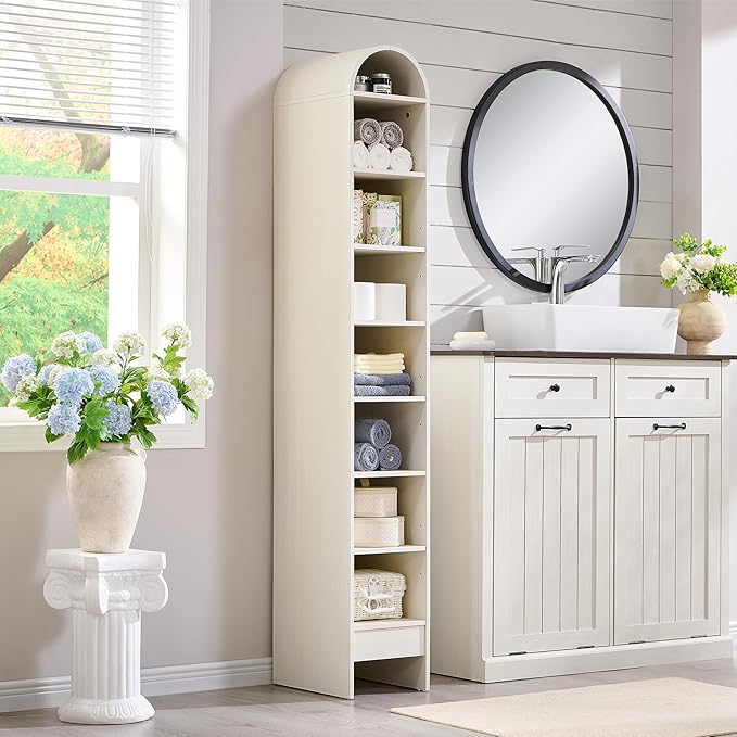 67" Tall Arched Bookshelf, 8 Tiers Arch Bookcase with Storage, Modern Farmhouse Book Shelf with Adjustable Shelves, Wood Bookshelf w/Open Display Shelves for Living Room, Office (Antique White)