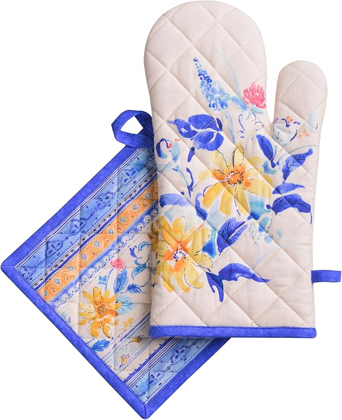 Maison d' Hermine 100% Cotton Oven Mitt & Pot Holder Set (7.5"x13" & 8"x8") Heat Resistant BBQ Cooking Gloves with Loop, Baking, Grilling, Kitchen, Handling Hot Pans Spring/Summer (Girassol)