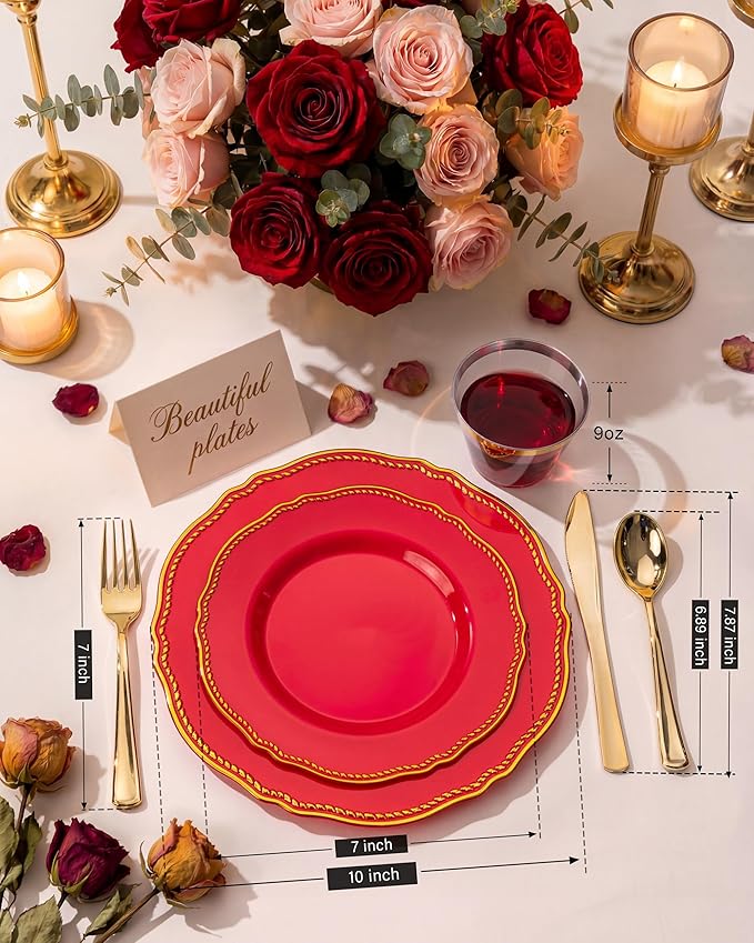 Hioasis 350pcs Red Gold Plastic Plates - Red Plastic Dinnerware Set Includes 50 Dinner Plates, 50 Dessert Dinnerware, 50 Cups, 50 Pre-rolled Napkins Perfect for Wedding & Party