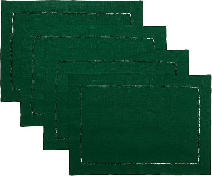 D'Moksha Homes Linen Placemats Set of 4 - Classic Hemstitch Forest Green Placemats 14 x 19 Inch - 100% Pure Linen Table Mats for St Patricks Day, Easter - Handcrafted and Machine Washable