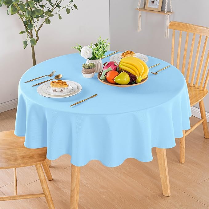Hiasan Round Textured Tablecloth 60 Inch - Waterproof Spillproof Antiwrinkle Jacquard Table Cloth, Decorative Polyester Table Cover for Kitchen, Outdoor Picnic, Holiday and Parties, Light Blue