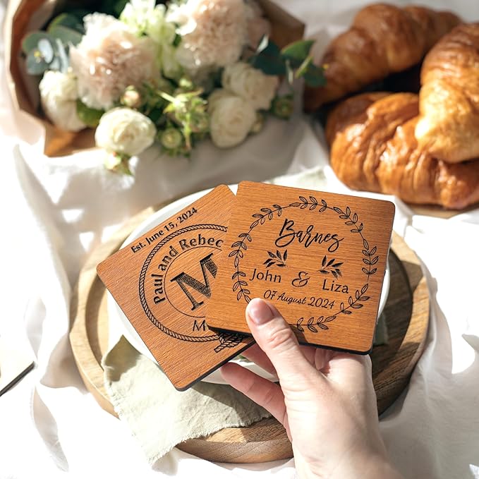 Wooden Coasters, Personalized Coasters, Custom Coaster with Logo Wedding Favors for Guests Bridal Shower Favors Monogram Wood Coaster Wedding Gift for Couple