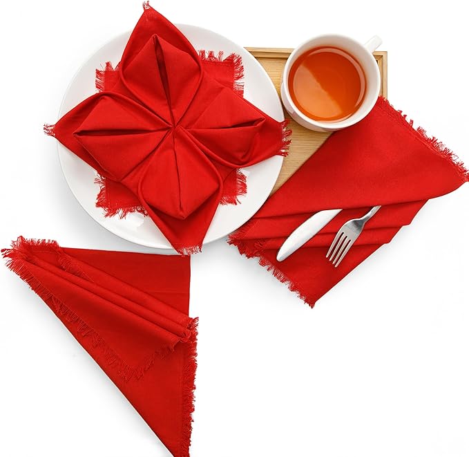 Christmas Dinner Napkins, Beautiful Handmade Fringe Red Cloth Napkins Set of 12 Washable and Reusable, Perfect for Dining, Weddings, Holiday & Everyday Use - 18x18 Inch Red