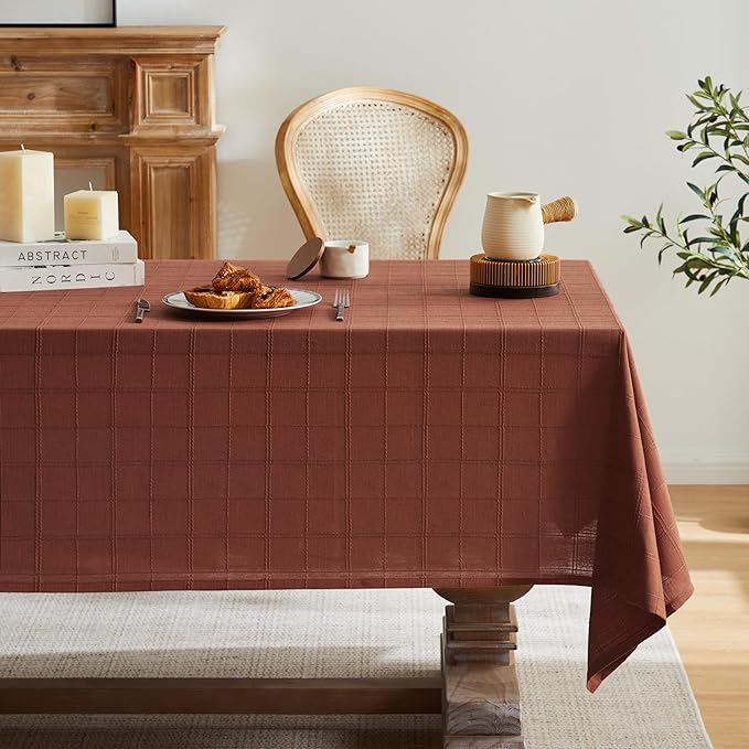 ZeeMart Linen Checked Table Cloth, Farmhouse Style Plaid Embroidered Rust Tablecloth, Water Resistant Rectangle Table Cloth, Terracota 60x104 Inches