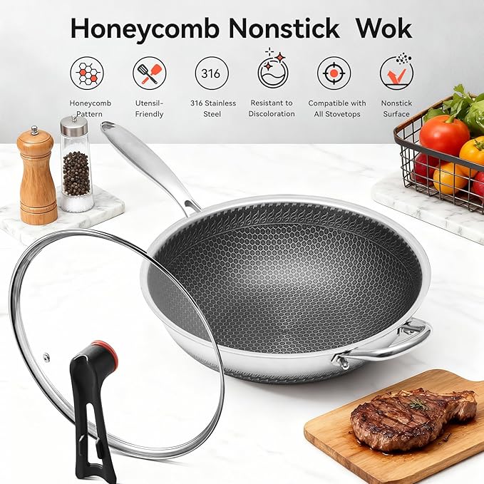 WANGYUANJI Upgraded Coating-Free 12.6" Stainless Steel Wok with Lid – Enhanced Multi-Layer Steel, Flat-Bottom Stir-Fry Pan, Honeycomb Surface, Induction & Oven Safe