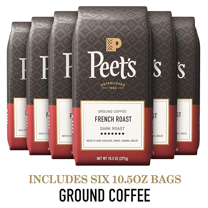 Peet's Coffee, Dark Roast Ground Coffee - French Roast 63 Ounces (6 Bags of 10.5 Ounces)