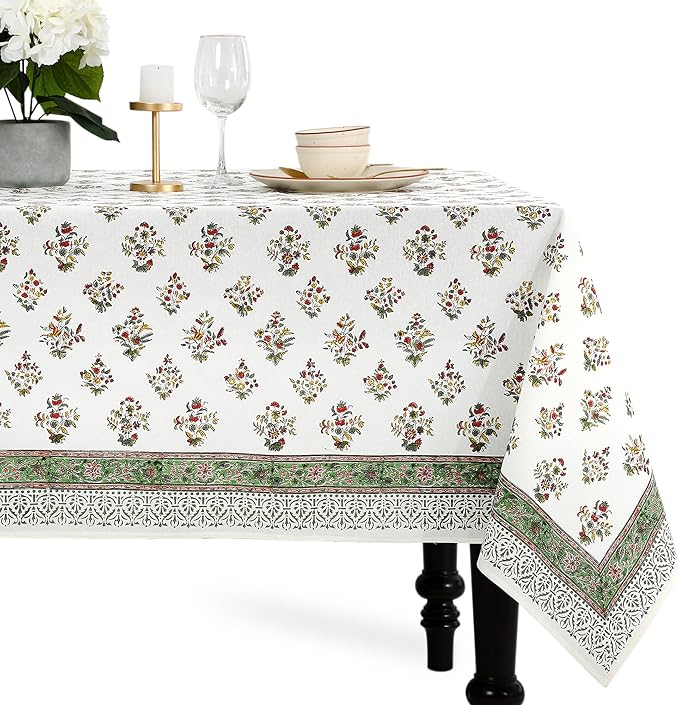 CPC Tablecloth 100% Cotton 72x140 Inch Indian Block Print Rectangle Table Cover, Green Table Cloth for Weddings, Spring/Summer, Barbeque - Forest Green