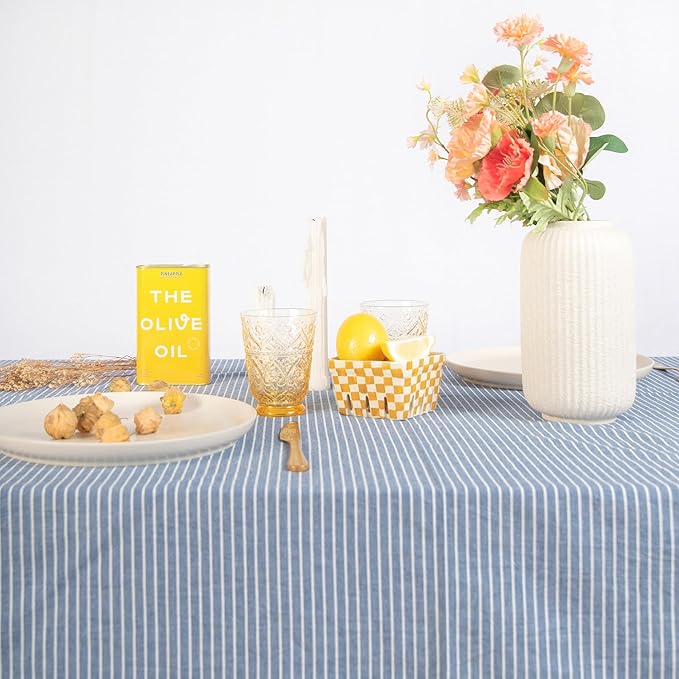 MONDAY MOOSE Striped Farmhouse Picnic Style Decoration Rectangle Natural Stonewashed Cotton Tablecloth for Kitchen, Dining Room, Restaurant (60x86 inch, Blue/White Stripes)