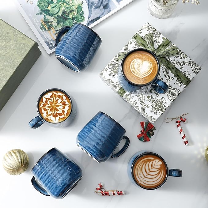 HASENSE Espresso Cups 8 oz, Small Coffee Cups Set of 6, Ceramic Mugs with Handle for Coffee, Tea, Cappuccino and Mocha, Dishwasher & Microwave Safe, Blue