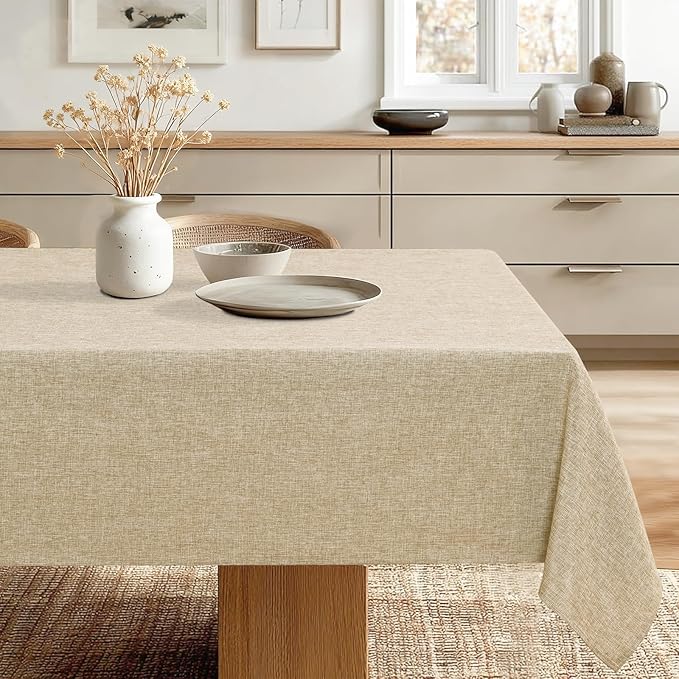 JIUZHEN Rectangle Table Cloth Faux Linen Farmhouse Tablecloth Wrinkle and Stain Resistant Decorative Fabric Table Cover for Kitchen, Dining Room, Parties and Camping, Beige, 60 x 120 Inch