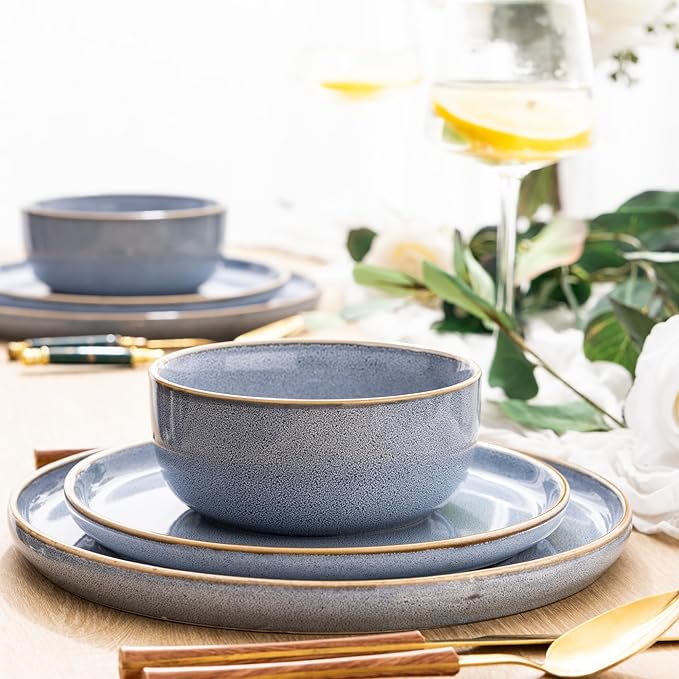 GBHOME Ceramic Dinnerware Sets for 4, 12 Pieces Stoneware Plates and Bowls Sets, Scratch Resistant Dishe Set for Dinner, Dishwasher & Microwave Safe, Brunnera Blue