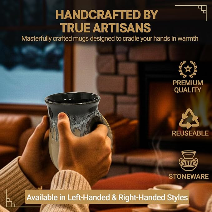 Clay in Motion Hand Warmer Coffee Mug – Handmade Coffee Mug With Comfortable Handle Contoured Pocket Hand Warming Ceramic Coffee Mug – Proudly Made in USA – Right Handed – 14 Oz - Black Brown