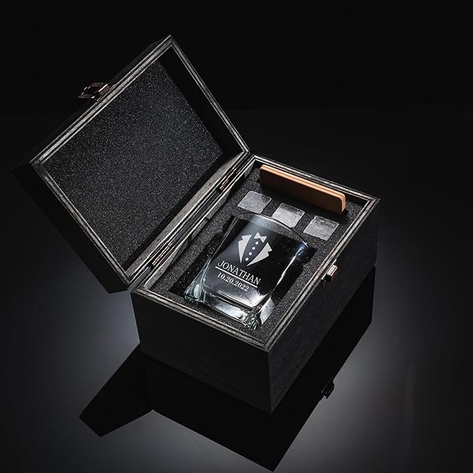 Personalized Whiskey Glass Gift Set – 10.25 oz Engraved 1 Bourbon Glass & 3 Stones & 1 Wooden Coaster with Wooden Box,Old Fashioned Cocktail Glass, Groomsmen & Father’s Day Gift.