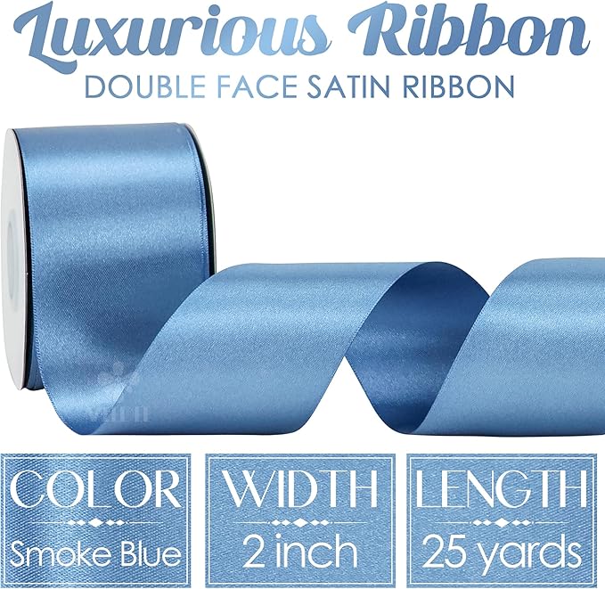 MEEDEE Smoke Blue Satin Ribbon 2 Inch Dusty Blue Ribbon Lux Double Faced Ribbons by 25 Yards Silk Satin Ribbons for Gift Wrapping, Weddings, Flower Bouquet, Holiday Decorating