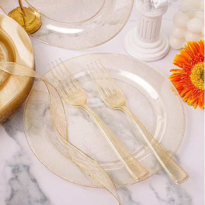 WELLIFE 150PCS Gold Plastic Plates – Gold Glitter Disposable Dinnerware Set for 50 Guests (7.5" Dessert Plates), Includes 50 Plates, 50 Cups & 50 Forks for Wedding & Birthday Party Tableware