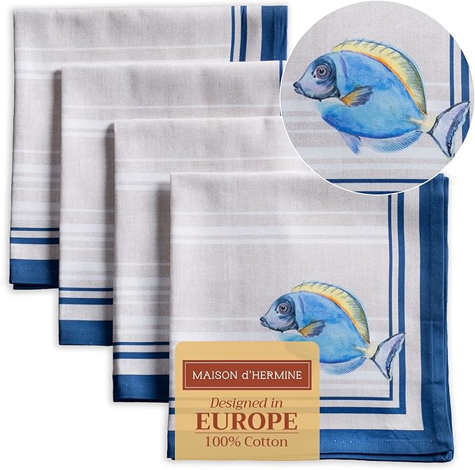 Maison d' Hermine Cloth Napkins Set of 4 100% Cotton Everyday Reusable Square Napkins Cloth Washable Dinner Party Wedding Restaurant Valentines Day Decorations Spring/Summer (Poisson, 20" x 20")