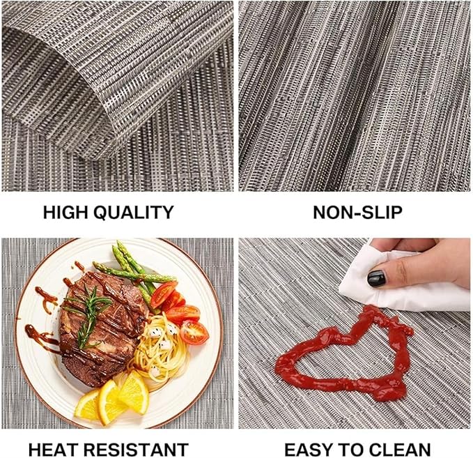 Placemats with Table Runner Sets Place Mats Crossweave Placemat Kitchen Tablemat Washable PVC Table Mats for Dining Table(Black)